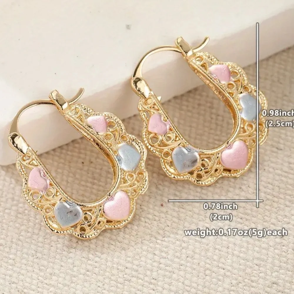 NWT! Pretty Gold Tone Hoop Pierced Earrings with Pastel Pink and Blue Hearts!